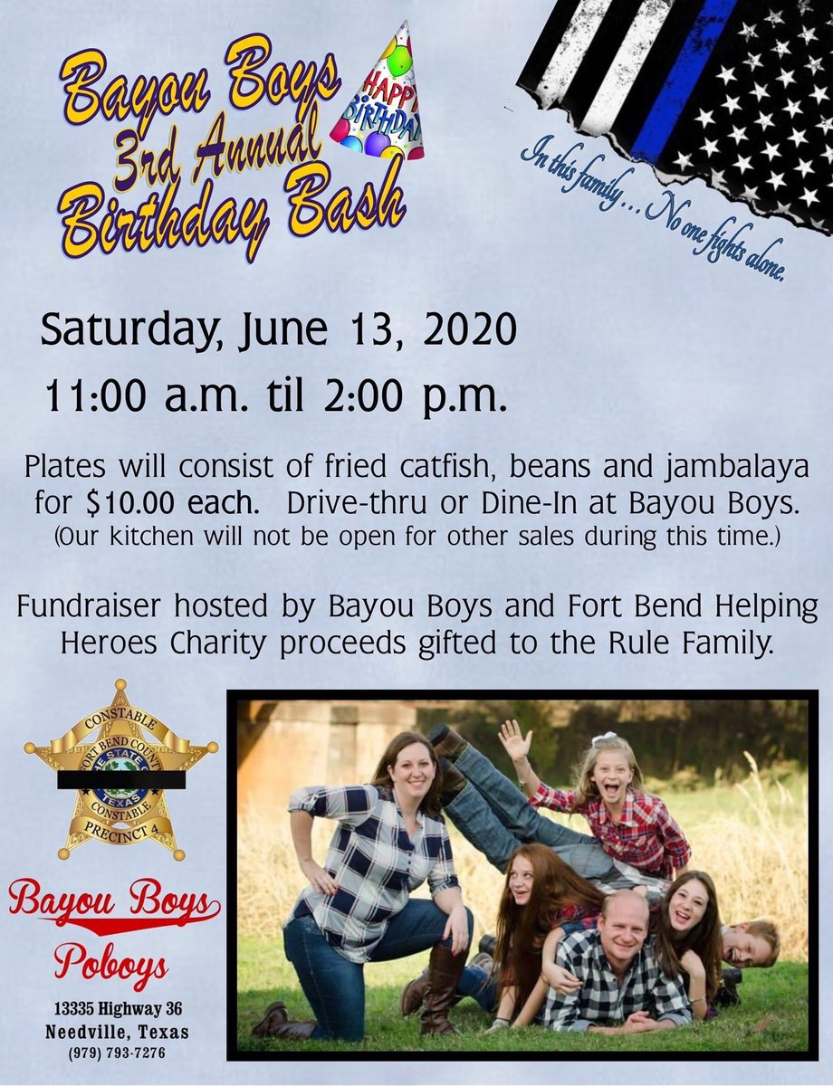 Thank you Bayou Boys and the Needville community for supporting Deputy Rule‘s family. Come on out for some great food and a great cause.