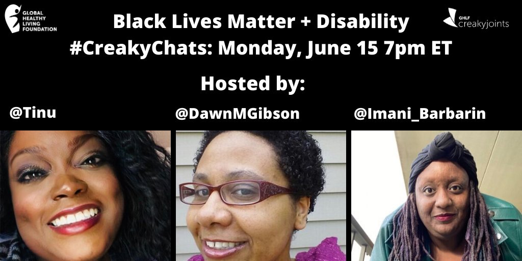 This Monday at 7pm ET we are passing the #CreakyChats platform to <a href="/Tinu/">Tinu Abayomi-Paul aka Empress of Twerk. NO DMs</a> <a href="/Imani_Barbarin/">@ImaniBarbarin@disabled.social</a> <a href="/DawnMGibson/">@dawnmgibson.bsky.social @spooniechat.bsky.social</a>
to host a discussion on #BlackLivesMatter/#Disability. 

Please join us &amp; spread the word. 

#BlackDisabledLivesMatter #DisabledBlackLivesMatter 

(image of Tinu, Dawn, and Imani)