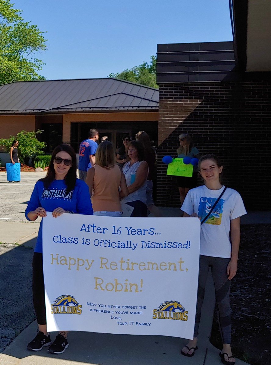 Mrs_Conboy's tweet photo. When your principal of 16 years retires during a pandemic, what do you do? Surprise her when she arrives at school on her last day of work... #it58learns #dg58learns #dg58pride https://t.co/94hti2GBZZ