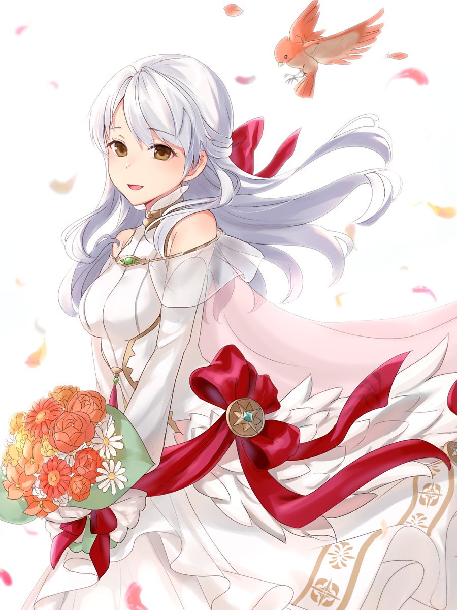 micaiah (fire emblem) 1girl dress wedding dress bouquet long hair bird half updo  illustration images