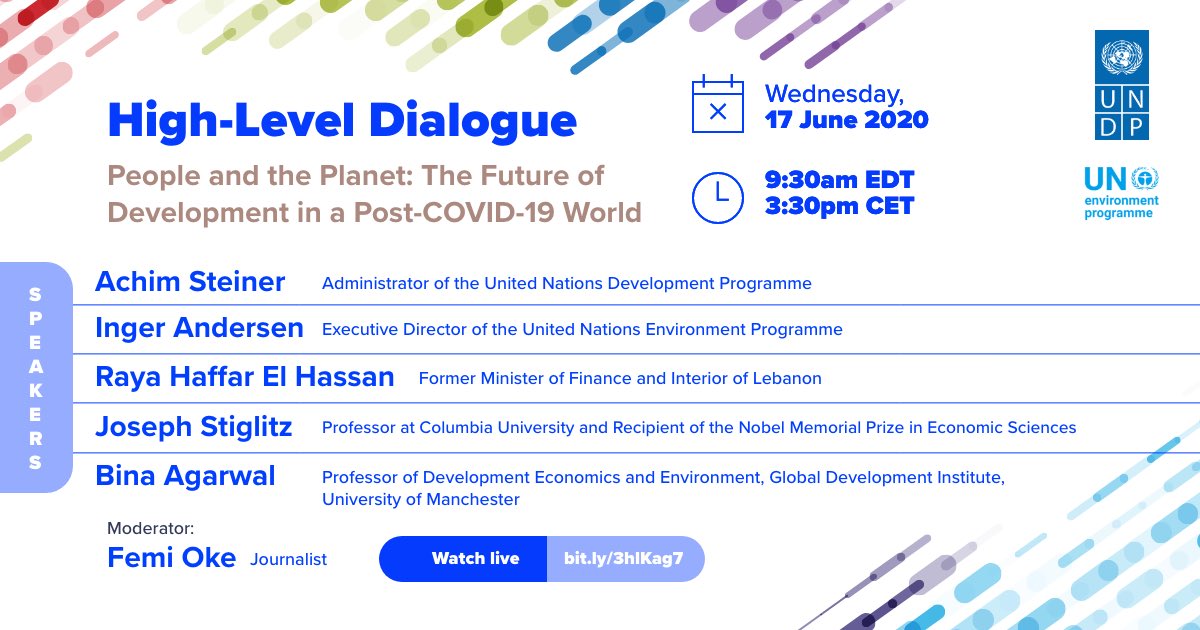 UNDP's tweet photo. How can we shape the future of development &amp; #BuildBackGreener #ForPeopleForPlanet after #COVID19? Watch @ASteiner, @UNEP’s @andersen_inger, @JosephEStiglitz, @RayaElHassan, Bina Agarwal &amp; other experts debate live 🎥 on 17/6, 9:30am EDT: https://t.co/U7xabyfME4 #HDR2020 https://t.co/HJzSFLNzz9