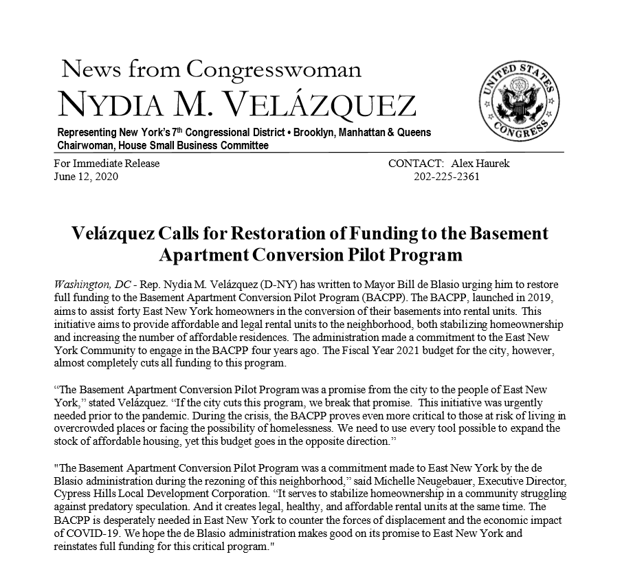 NydiaVelazquez's tweet photo. The Basement Apt Conversion Pilot Program would help East NY’s homeowners convert basements into affordable rental units, increasing affordable housing in our neighborhood. The Mayor's budget would cut the BACPP’s funding almost entirely. I’ve joined @CHLDC to oppose these cuts. https://t.co/MwL6MdASHW