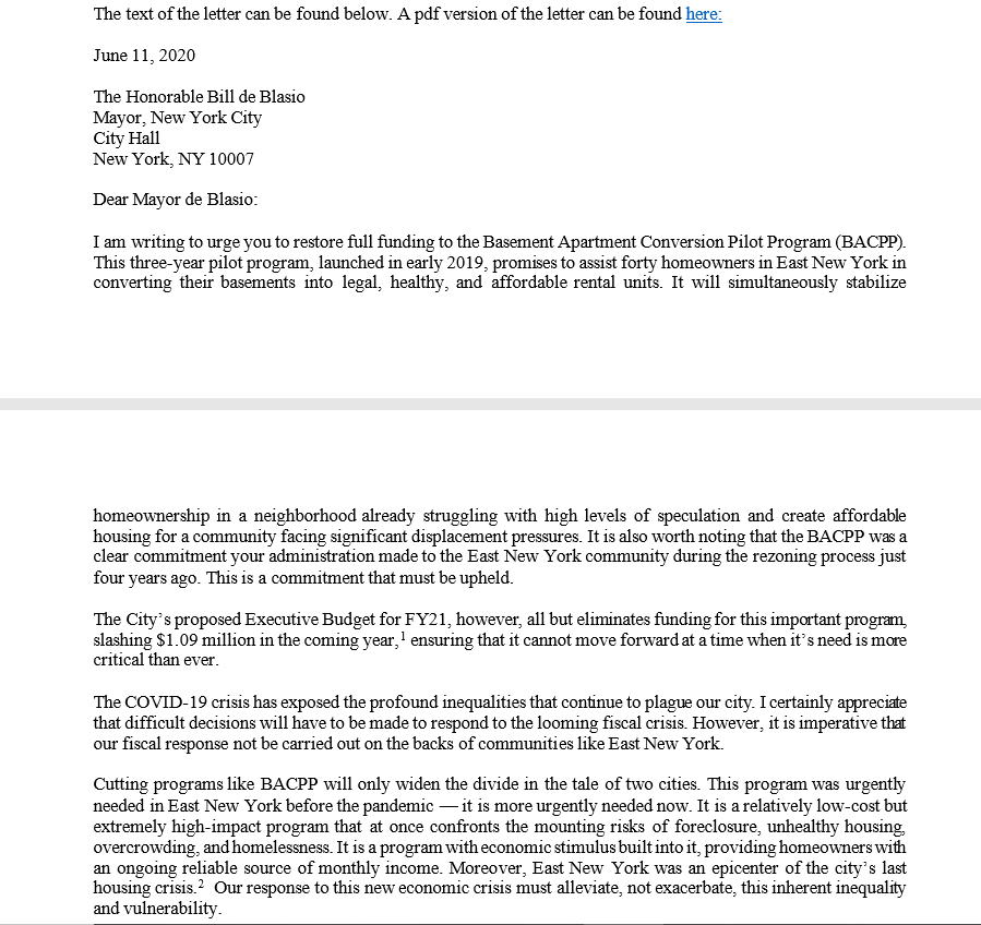 NydiaVelazquez's tweet photo. The Basement Apt Conversion Pilot Program would help East NY’s homeowners convert basements into affordable rental units, increasing affordable housing in our neighborhood. The Mayor's budget would cut the BACPP’s funding almost entirely. I’ve joined @CHLDC to oppose these cuts. https://t.co/MwL6MdASHW