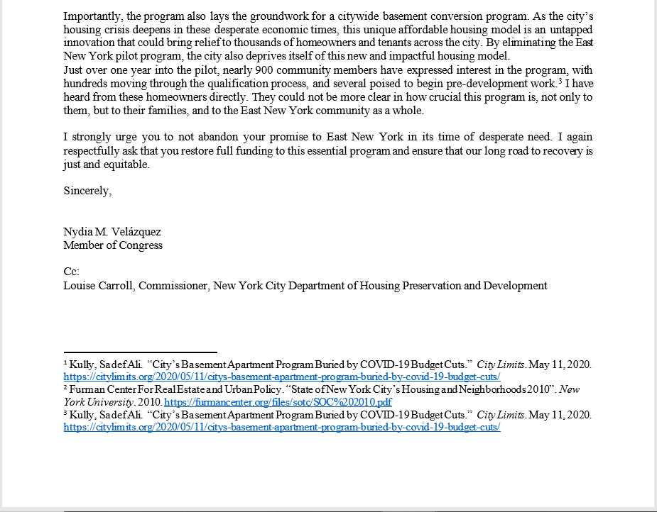 NydiaVelazquez's tweet photo. The Basement Apt Conversion Pilot Program would help East NY’s homeowners convert basements into affordable rental units, increasing affordable housing in our neighborhood. The Mayor's budget would cut the BACPP’s funding almost entirely. I’ve joined @CHLDC to oppose these cuts. https://t.co/MwL6MdASHW