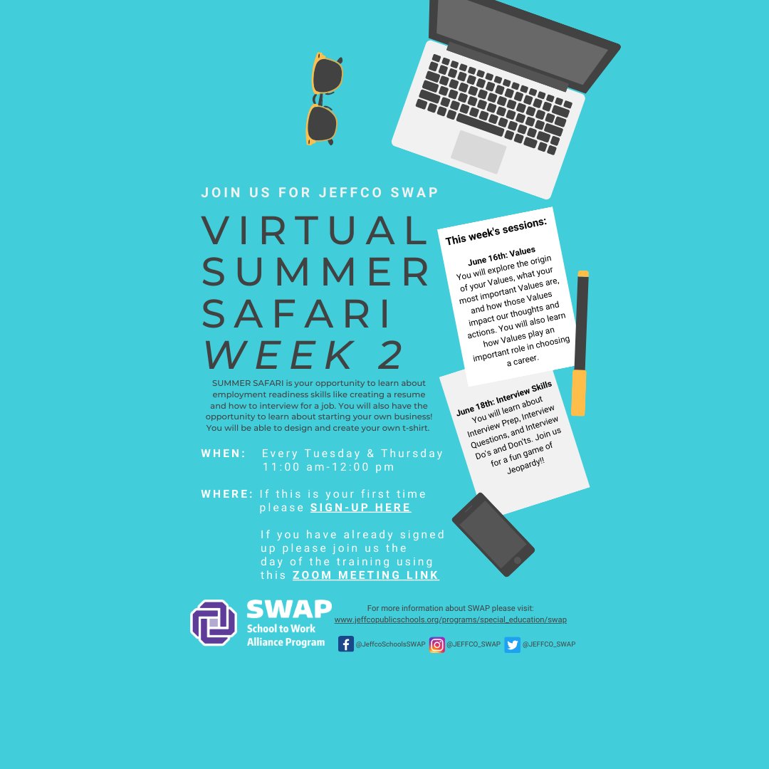 Jeffco SWAP Summer Safari started this week and we had a great first week! Here is some information about what to expect for Week 2 next week. Please join us if you can! 

If you are interested in attending, please sign up here: tinyurl.com/y7wktq95