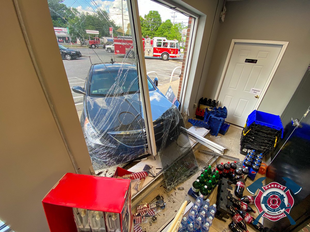 Hanson Firefighters responded to Hanson Market &amp; Liquors for a MVA, car into the building. Crews found a single car into the front of the building with no injuries. The building inspector was called to the scene.