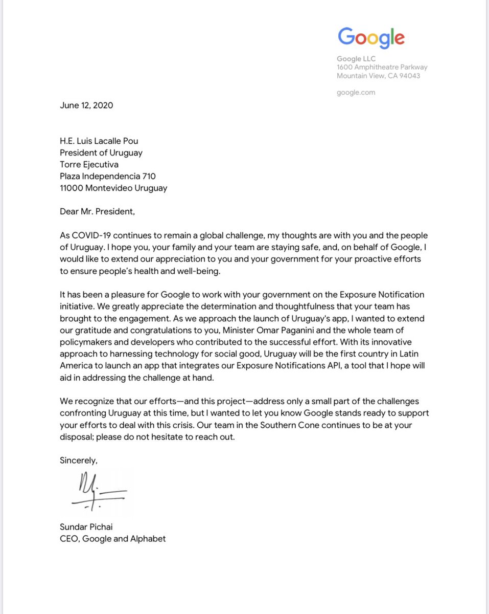 Uruguay va a implementar las Alertas de Exposición en la aplicación Coronavirus UY, gracias al esfuerzo del equipo liderado por <a href="/OmarPaganini/">Omar Paganini</a> y el apoyo de Google y Apple. Agradecemos a <a href="/sundarpichai/">Sundar Pichai</a> por confiar en el talento de técnicos  uruguayos involucrados en este proyecto.