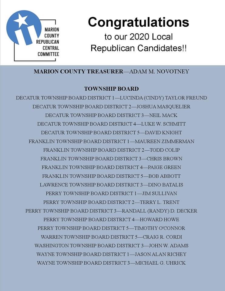 IndyGOP's tweet photo. Congratulations to our 2020 State and Local Republican candidates that won in the Primary Election. In addition, congratulations to all of our Precinct Committee Person and Convention Delegates that were elected. #IndyGOP https://t.co/aXLyasGy5e