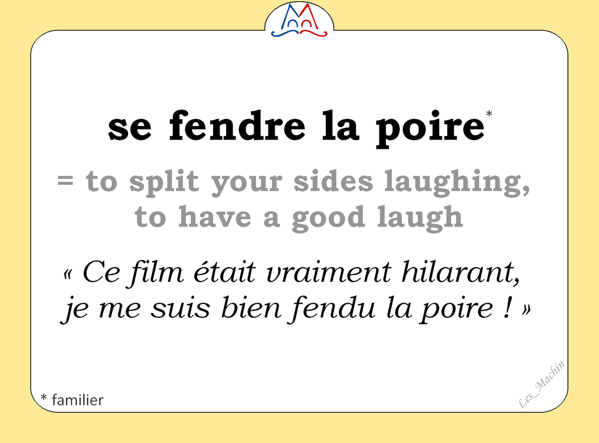 Les_Machin's tweet photo. L'expression (familière) du jour : 
« se fendre la poire» [sə fɑ̃dʀ la pwaʀ] 
😂🤣😂
#French #FLE #familier 
#ClasseFLE #learnfrench https://t.co/pV37YNnp08