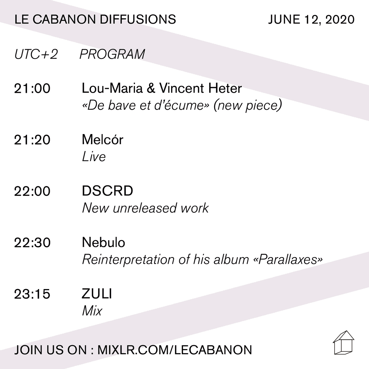 lecabanon's tweet photo. Day 5 of our online music festival DIFFUSIONS, starting tonight at 21:00 (UTC+2) on @mixlr with @zulimusic
#loumaria & #vincentheter, #dscrd, #melcor @_nebulo
Subscribe to our Mixlr account: https://t.co/INOpjVWvnp
More infos: https://t.co/kVAvVoNcIm https://t.co/EN1TcHdMnc