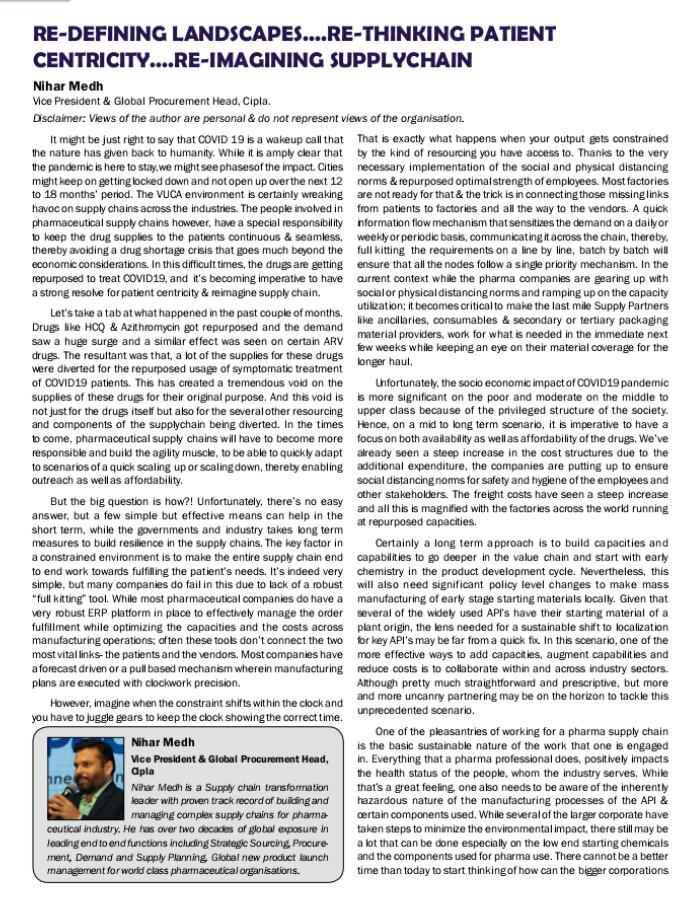 PharmaTimes_IPA's tweet image. @niharmedh, Vice President, @Cipla_Global discusses the aupply chain pains of the pharma industry in @PharmaTimes_IPA May 2020 issue. 
@AlkaMukne @raovadlamudi @drharshvardhan @PMOIndia @narendramodi @Pharmadept @WHO 

#coronapandemic #supplychain #pharmaindustry