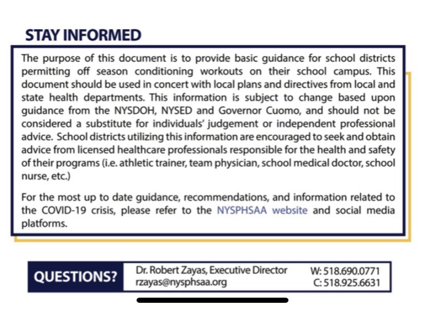 The ⁦<a href="/NYSPHSAA/">NYSPHSAA</a>⁩ COVID-19 Task Force released Summer Guidance today to assist schools when hosting on campus workouts. Stay Safe. Stay Positive. ⁦<a href="/NFHS_Org/">NFHS</a>⁩ ⁦<a href="/NYSAAA6/">NYSAAA</a>⁩ ⁦<a href="/NYGovCuomo/">Archive: Governor Andrew Cuomo</a>⁩ ⁦<a href="/CDCgov/">CDC</a>⁩ ⁦<a href="/HealthNYGov/">NYSDOH</a>⁩ ⁦<a href="/NYSEDNews/">NYS Education Department</a>⁩