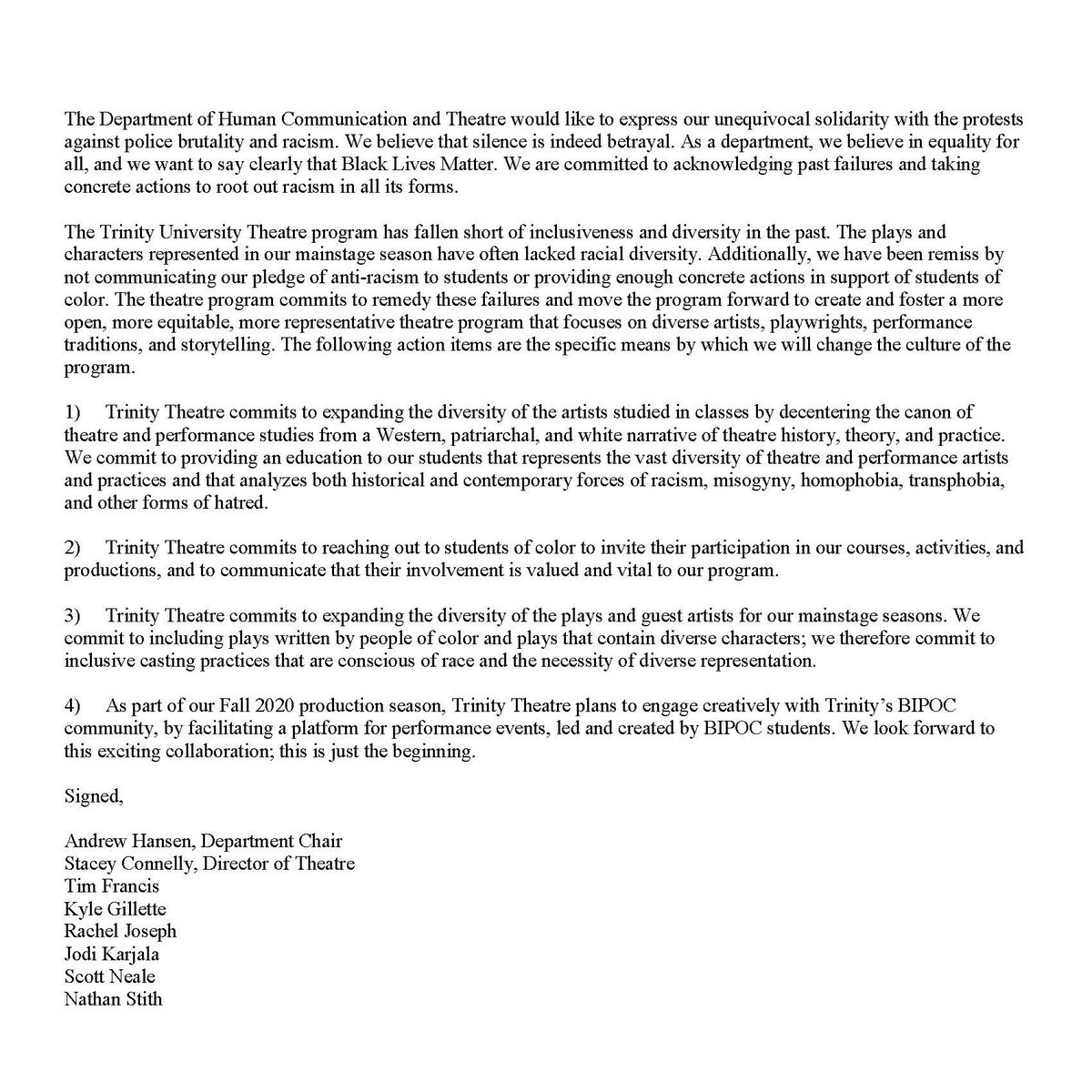 TU Theatre Program Statement in Solidarity with Black Lives Matter