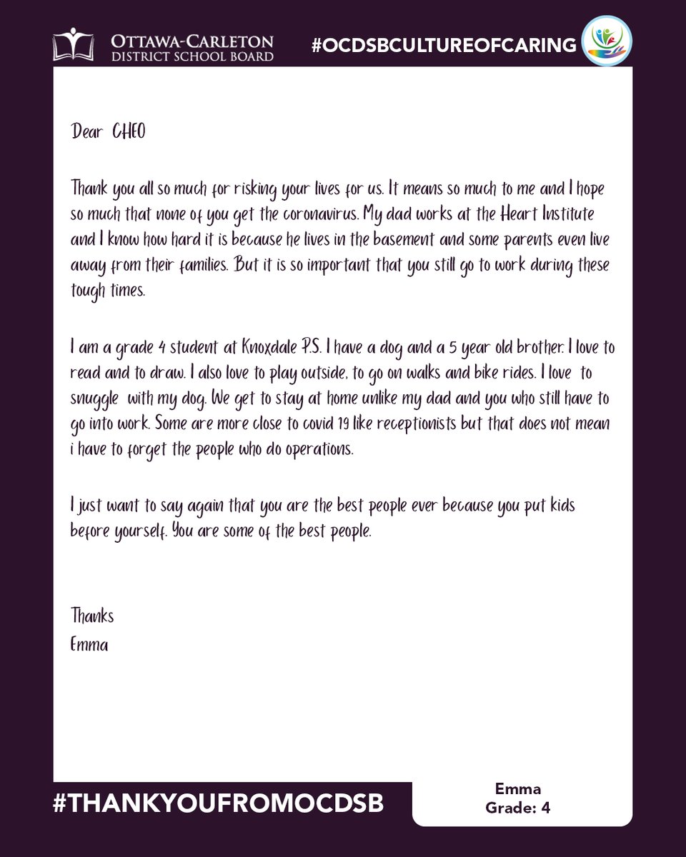 OCDSB's tweet photo. Emma, a grade 4 #OCDSB student @knoxdaleps wrote this letter to the staff @CHEO , thanking them for everything they are doing to keep kids safe.

Learn more about our #ThankYouFromOCDSB campaign: https://t.co/iVAvLNqNNB https://t.co/eZEtGIylgJ
