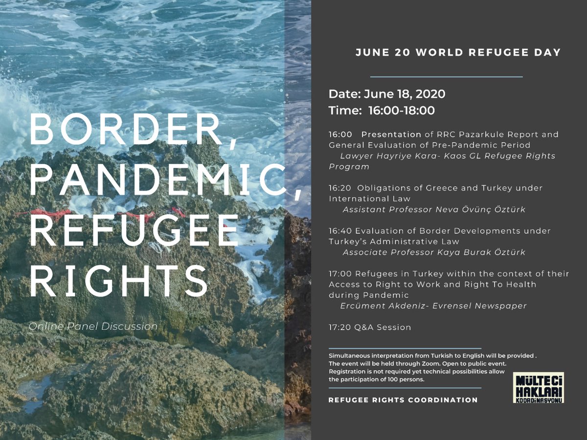 18 Haziran 2020 saat 16.00-18.00 arasında Mülteci Hakları Koordinasyonu olarak Edirne/Pazarkule'de yaşananların analizi ile birlikte pandemi sürecinde mültecilerin haklara erişimini konuşacağız. <a href="/multeci_haklar/">Mülteci Hakları Koordinasyonu</a> 

Etkinlik linki: us02web.zoom.us/j/84046046166?…