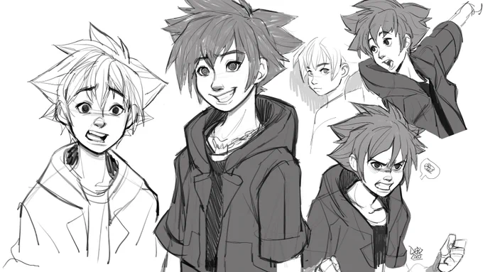 Redrawing Sora in a "Disney style" is harder than it looks - The challenge was to push his expressions more while still keeping the likeness of his original 3D render. I looked at a bunch of Kilt Kahl, Shiyoon Kim and Jin Kim character designs.✨ #KingdomHearts 