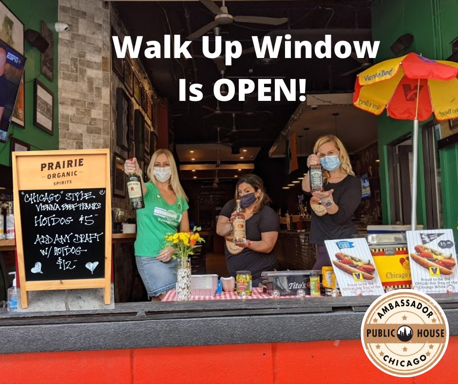 AmbassadorPub's tweet photo. Walk-Up Service right thru our Open Garage Door!
“Chicago Style” Vienna Beef Hot Dog! Add an Ice Cold Draft Beer!
We can’t wait to see you!
It’s a beautiful day in Chicago see you soon!
@ViennaBeef #GreekTown #WestLoop https://t.co/wY728BcZlS