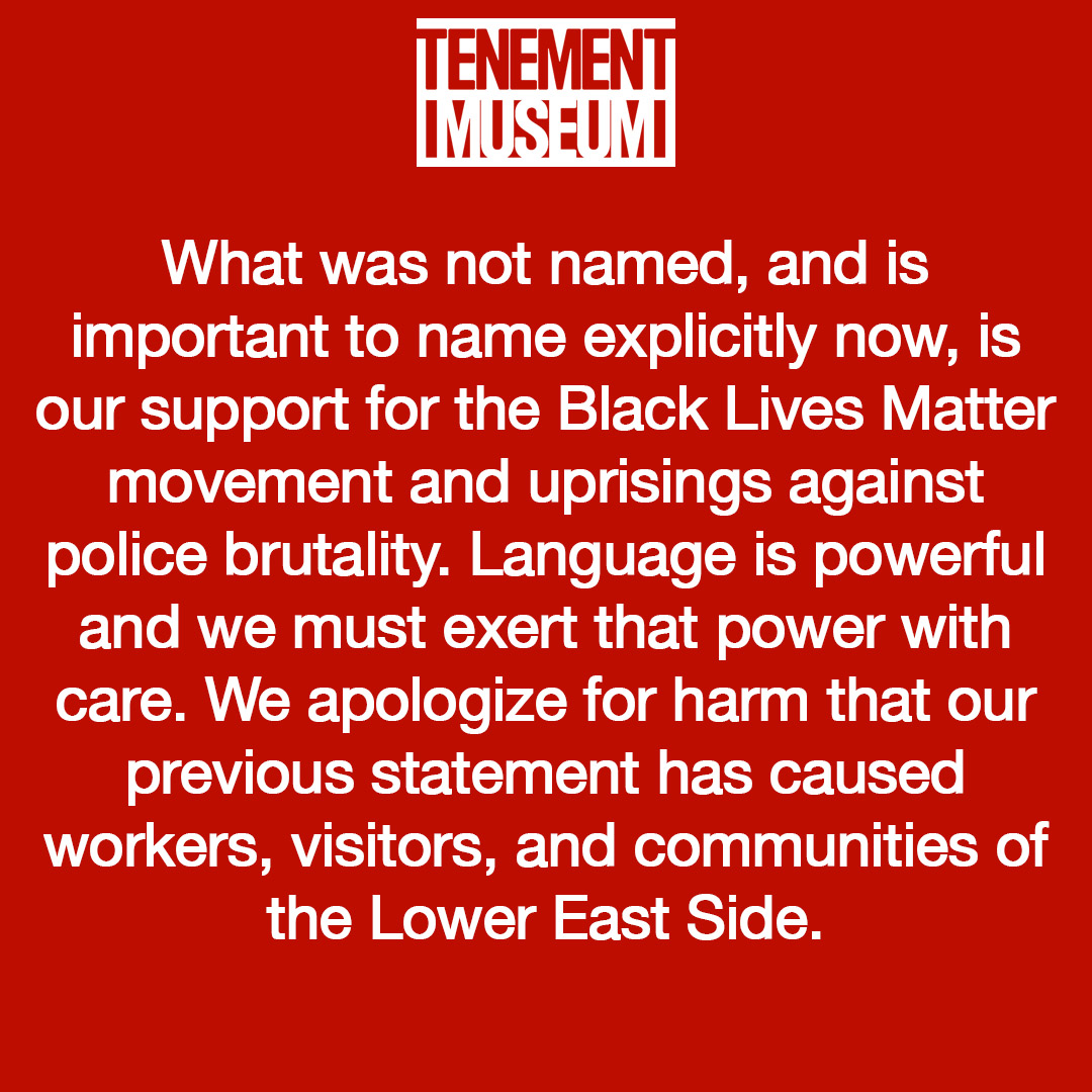 tenementmuseum's tweet photo. Public commitment to anti-racism work is long overdue, and this is just a start. We commit now to the following actions, listed on our website. 

https://t.co/wztFh31qSz https://t.co/65WibPiAvo