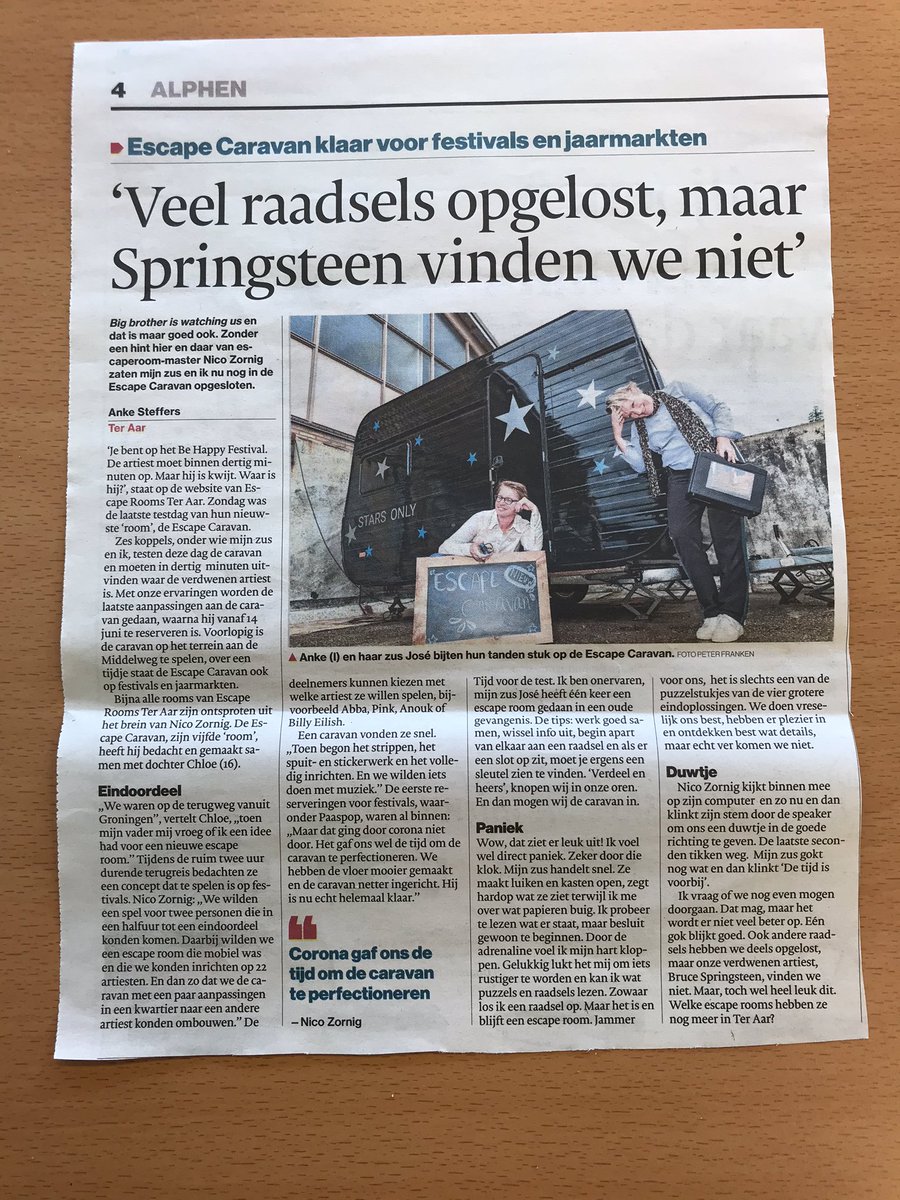 EscapeRoomTA's tweet photo. Leuk artikel in AD Groene Hart over avontuur in onze Escape Caravan #escapecaravan #escaperoom #escape #ontsnap #hrt #recreatie #dagjeuit #dagjeweg #nederland #teraar #ontdekteraar #nieuwkoop #zuidholland #camper #caravan #kamperen #vakantie #eigenland #nieuw #uniek https://t.co/eytdpYQwON