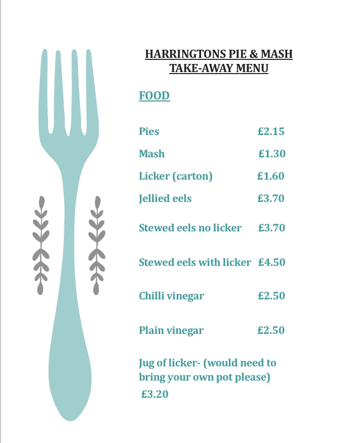 Harringtons take-away menu
Cash only please.