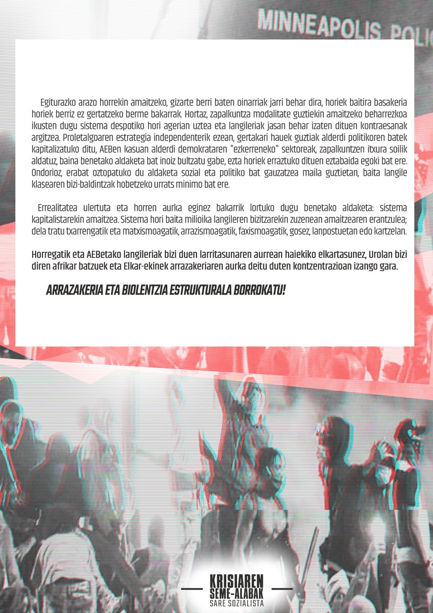 [EUS] Bihar Urolan bizi diren afrikar batzuek eta <a href="/ElkarEkin/">Elkar-ekin</a> -ek arrazakeriaren aurka deitu duten kontzentrazioan izango gara. Aurten gutxienez 18 afroamerikar hil ditu poliziak odol hotzean AEBetan. 

Arrazekeria eta biolentzia estrukturala borrokatu!