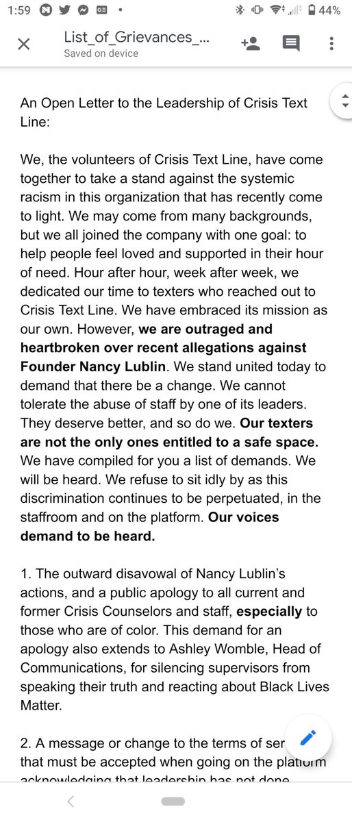 sirgoodburger's tweet photo. Crisis Counselors from around the world came together to come up with a manifesto outlining our demands and changed we want to see from Crisis Text Line. We stand with all those who have been oppressed. 

#NotMyCrisisTextLine https://t.co/DamdF6bC3c
