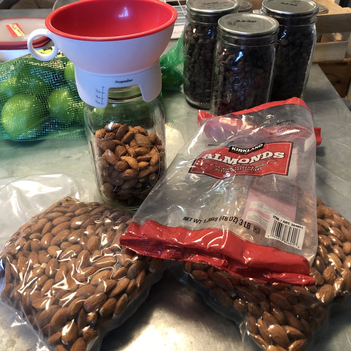 3 lbs almonds = 2.5 quartsThese bags will go into a 5 gallon pail with a gamma seal to protect from mice