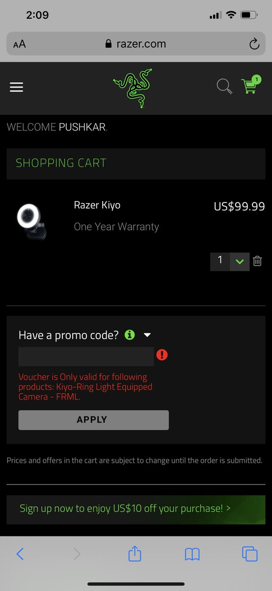 pushkart2's tweet photo. @Razer @RazerSupport I have the promo code for the right product but I cant still purchase it! https://t.co/9Ce1MnKfbl