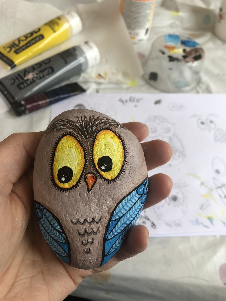Yellowbellyrock's tweet photo. Homeschooling finished early so found myself with some spare time. Quite enjoyed painting this guy, so many designs and patterns to do.  Anyone else painted an owl? #paintedrocks #owlrock #owlrockpainting #heswatchingyou #pinterest https://t.co/huvNw4ATIQ