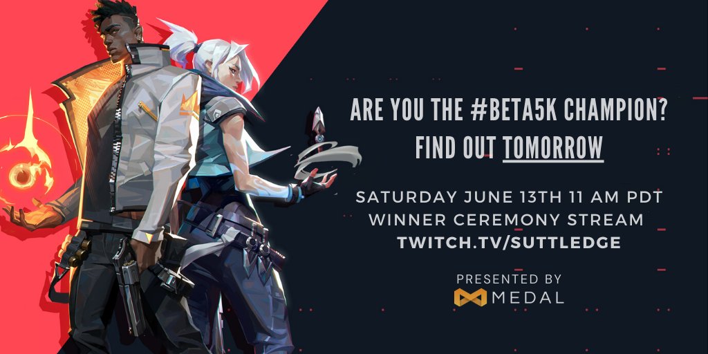 Medal_TV's tweet photo. Are you one of the #Valorant #Beta5k winners? $10k in prizes is up for grabs, and tomorrow is judgement day.

Tune in tomorrow 11 AM PDT, when our very own @Suttledge will broadcast the winning clips on Twitch 

👉https://t.co/c5S14Z8mju👈 https://t.co/9NUvQDdj6F
