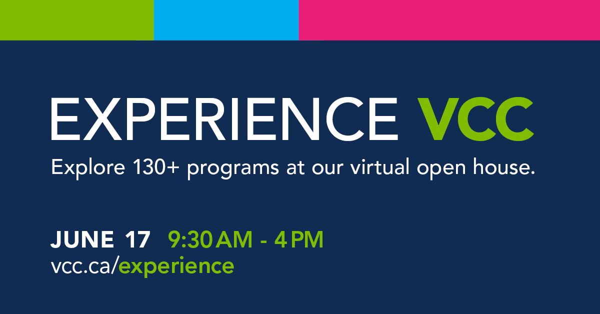 myVCC's tweet photo. Join our first virtual open house on Wednesday, June 17 and attend webinar-style sessions hosted by #myVCC instructors. RSVP here for #ExperienceVCC: https://t.co/2KKWuI3DCb 🙌🎪 https://t.co/3StWFVJ3az