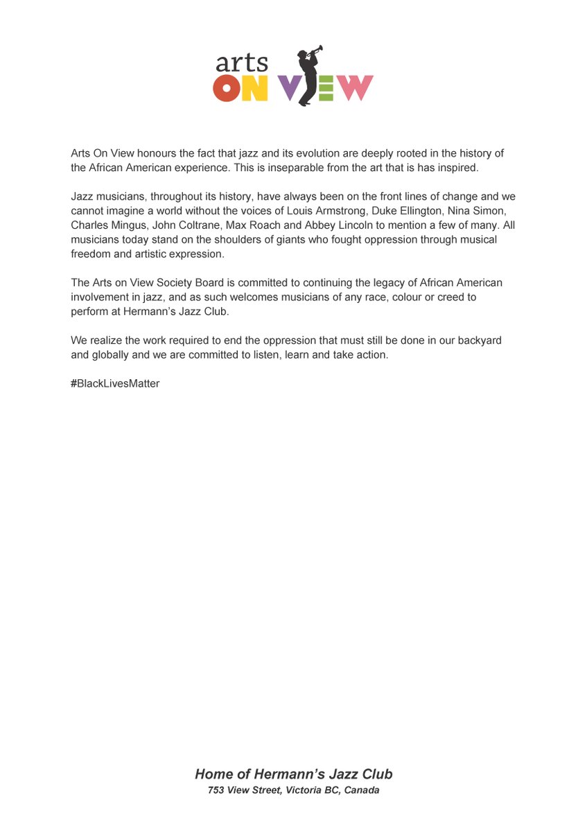 #BlackLivesMatter

A statement from the Arts On View Society (home of <a href="/HermannsJazz/">Hermann's Jazz Club</a> Club