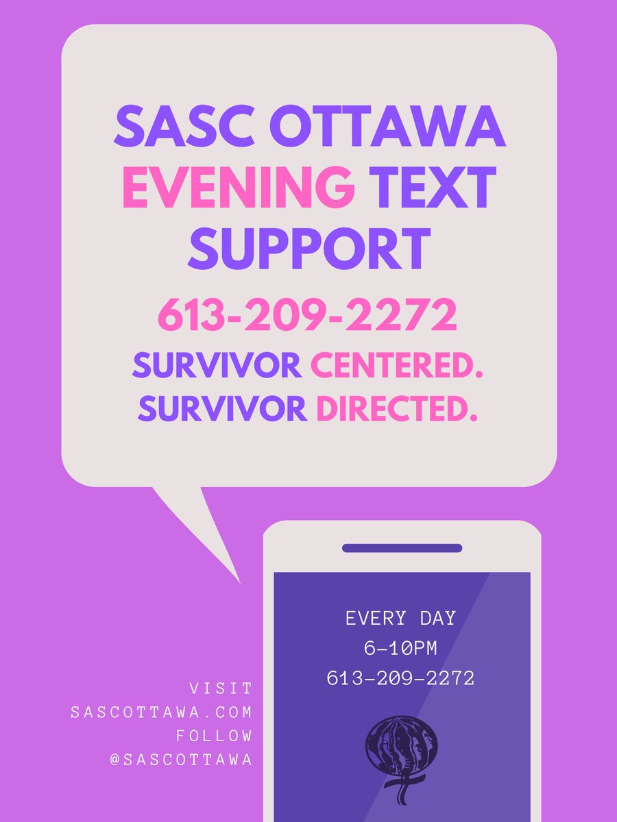SascOttawa's tweet photo. Say hello to @SascOttawa's new Evening Text Support!
Confidential and a compliment to our 24/7 support line, a trained Support Worker is available to hold space and answer any of your questions.
Everyday 6-10PM.
#sascottawa #endGBV #believesurvivors #textsupport https://t.co/djBlhWEtiF