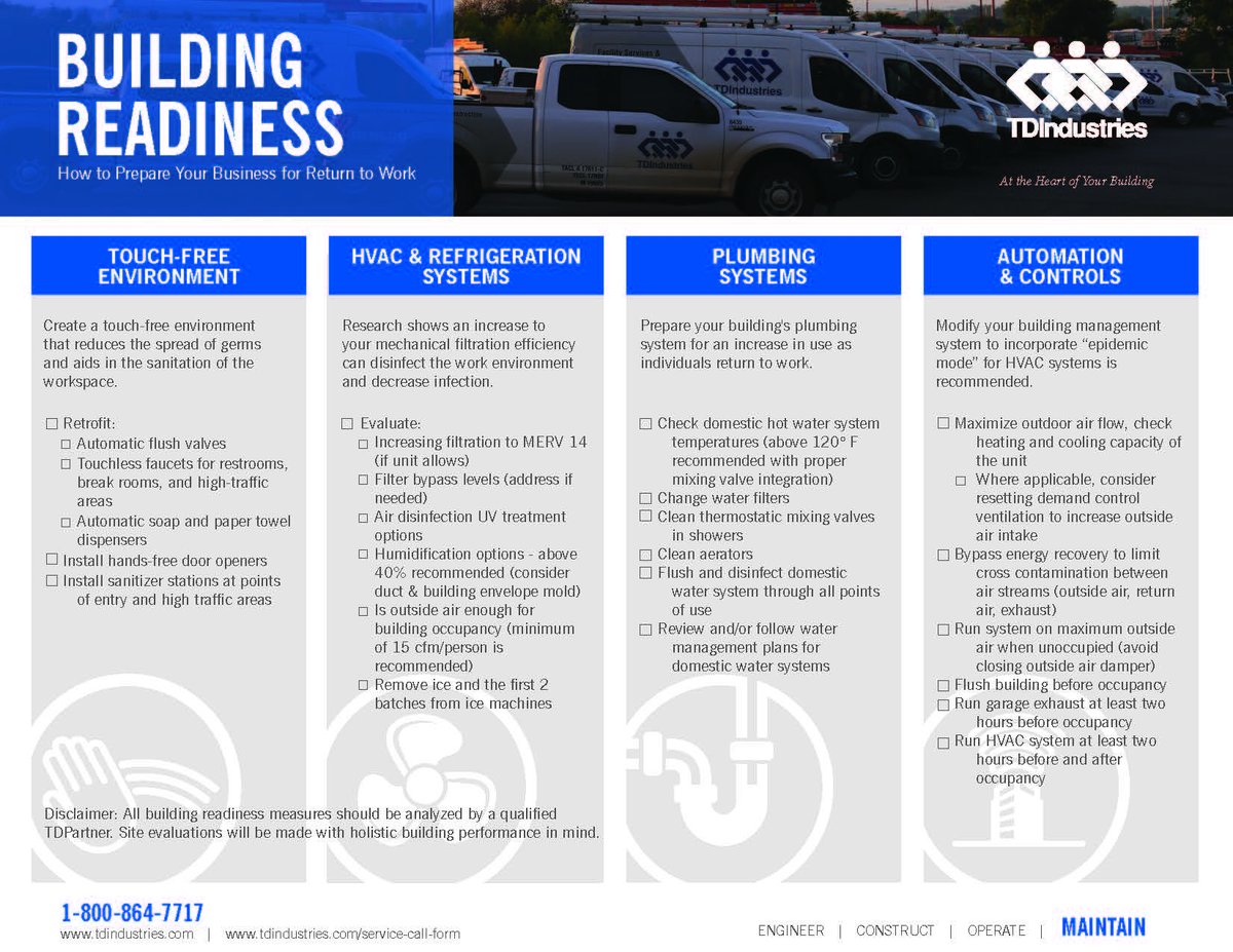 tdindustries's tweet photo. TD is here to support your building while preparing for the return to work. Click the link & download our Building Readiness checklist- https://t.co/xMlFiz5Lwg
#TDStrong #HVAC #Plumbing #AutomationandControls #Covid19 #Safety https://t.co/VPRaFh8s4w