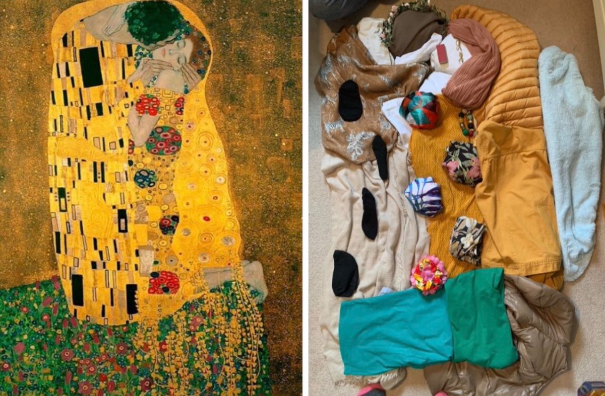 YH_ArtDesign's tweet photo. Nobody could accuse JA-G @YorkHouseSch #yorkhouseY4 of needing to tidy his bedroom floor... Gustav Klimt’s ‘The Kiss’ created from various textiles and clothes - just brilliant! 🙌🏻 #keepcreativeYHS #gallerychallenge #klimt https://t.co/4gqmK6iABG