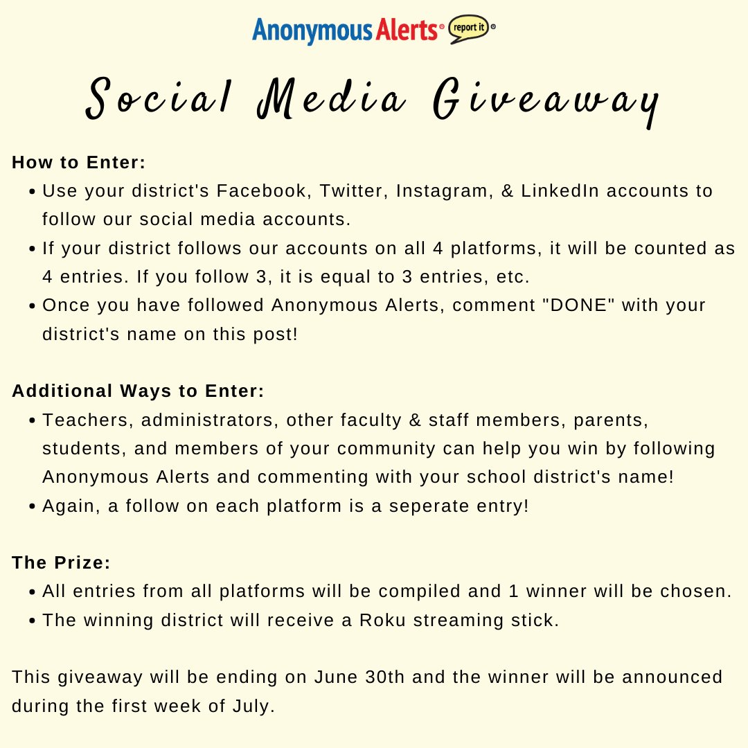 AnonymousAlerts's tweet image. Giveaway Alert!! See the guidelines above for how to enter to win a free Roku streaming stick for your school district! #AnonymousAlerts #Giveaway #AnonymousReports #AnonymousAlertsApp #AnonymousAlertsOfficial #SmartButton