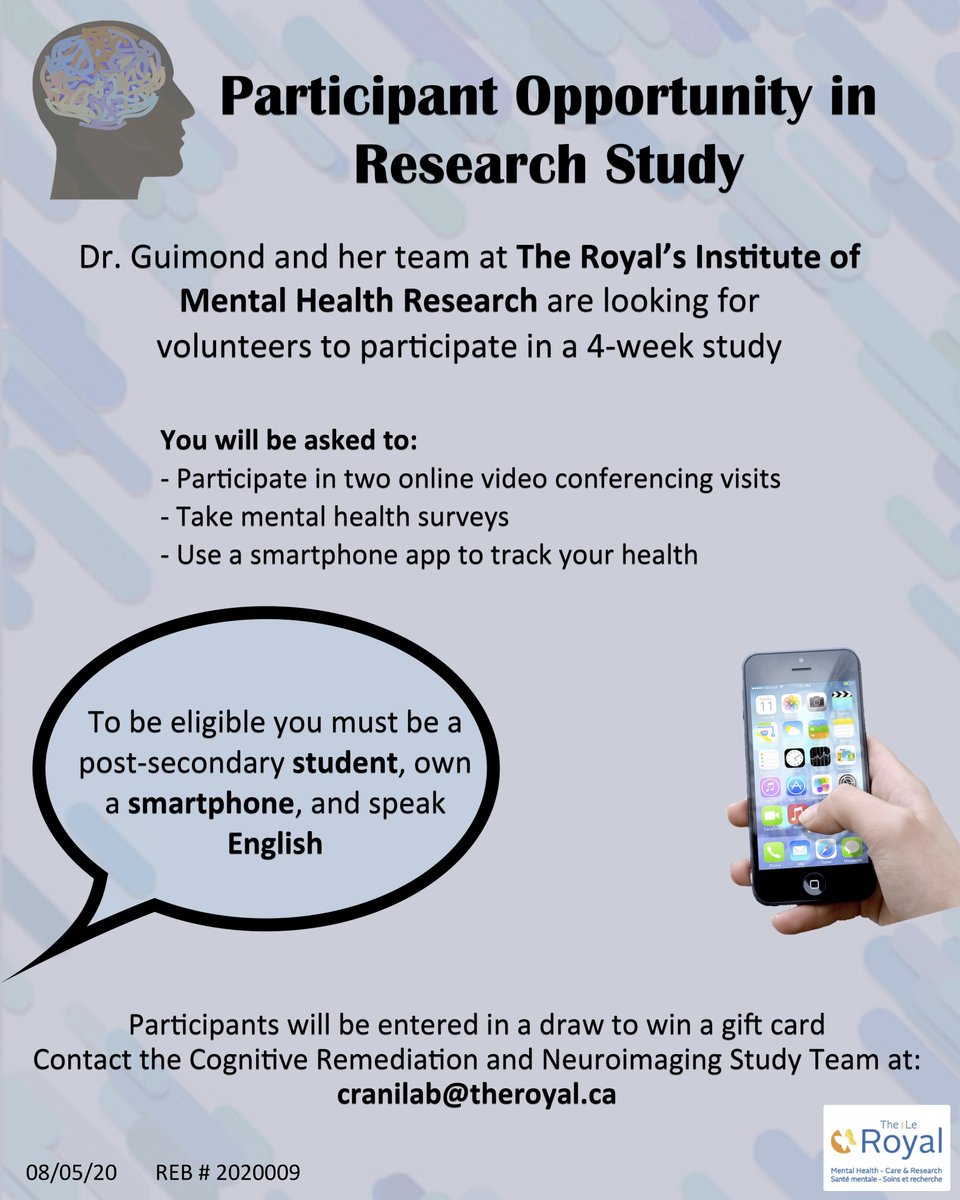 Synthia Guimond (@synthia_guimond) on Twitter photo We are looking for #students who would like to participate in our new study investigating the impact of COVID-19 on #mental and #cognitive health using #smartphone📱 data in collaboration with <a href="/JohnTorousMD/">John Torous, MD MBI</a> at <a href="/harvardmed/">Harvard Medical School</a>! 👇<a href="/TheRoyalMHC/">The Royal</a> <a href="/uOttawaBMRI/">uOBMRI</a> <a href="/uOttawa/">Université d'Ottawa | University of Ottawa</a> <a href="/CarletonScience/">Carleton Science</a> We are looking for #students who would like to participate in our new study investigating the impact of COVID-19 on #mental and #cognitive health using #smartphone📱 data in collaboration with <a href="/JohnTorousMD/">John Torous, MD MBI</a> at <a href="/harvardmed/">Harvard Medical School</a>! 👇<a href="/TheRoyalMHC/">The Royal</a> <a href="/uOttawaBMRI/">uOBMRI</a> <a href="/uOttawa/">Université d'Ottawa | University of Ottawa</a> <a href="/CarletonScience/">Carleton Science</a>