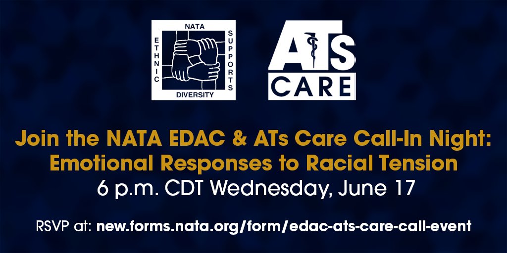 NATA1950's tweet image. .@EDACNATA &amp;amp; ATs Care Commission hosting call-in event at 6 pm CDT June 17 for NATA members to express emotions experienced due to racial injustice &amp;amp; receive education, resources &amp;amp; strategies for coping with responses to critical incident stress. RSVP now new.forms.nata.org/form/edac-ats-…