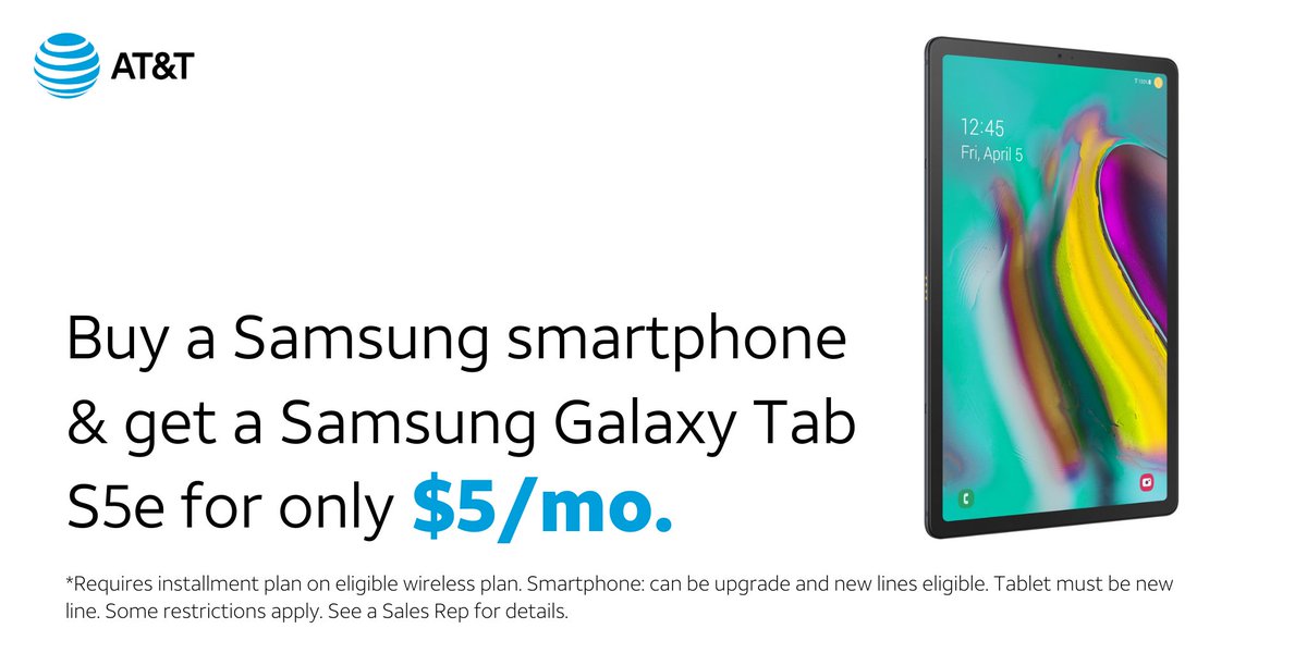 For a limited time, purchase a Samsung smartphone and get a Samsung Galaxy Tab S5e for only $5/mo. Hurry, this offer won't be available for long! Visit our store at 4416 Royalton Road, Brecksville, OH, call us at 440-332-7756 or start your online order at: att.com/stores/ohio/br…