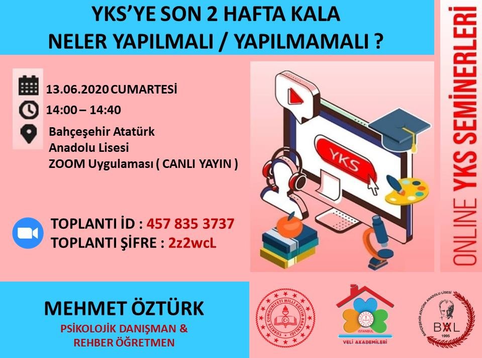 VELİ AKADEMİLERİ ONLİNE SEMİNER PROGRAMLARI kapsamında 2020 YKS ye 2 hafta kala 12.Sınıf Öğrencilerimiz ve Velilerimizi yapılacak olan bu seminere bekliyoruz ✅

@veliakademileri