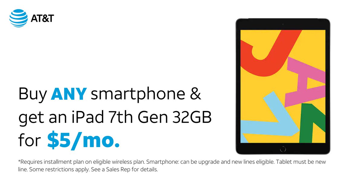 For a limited time, purchase ANY smartphone and get an iPad 7th Gen 32GB for only $5/mo. Hurry, this offer won't be available for long! Visit our store at 4416 Royalton Road, Brecksville, OH, call us at 440-332-7756 or start your online order at: att.com/stores/ohio/br…