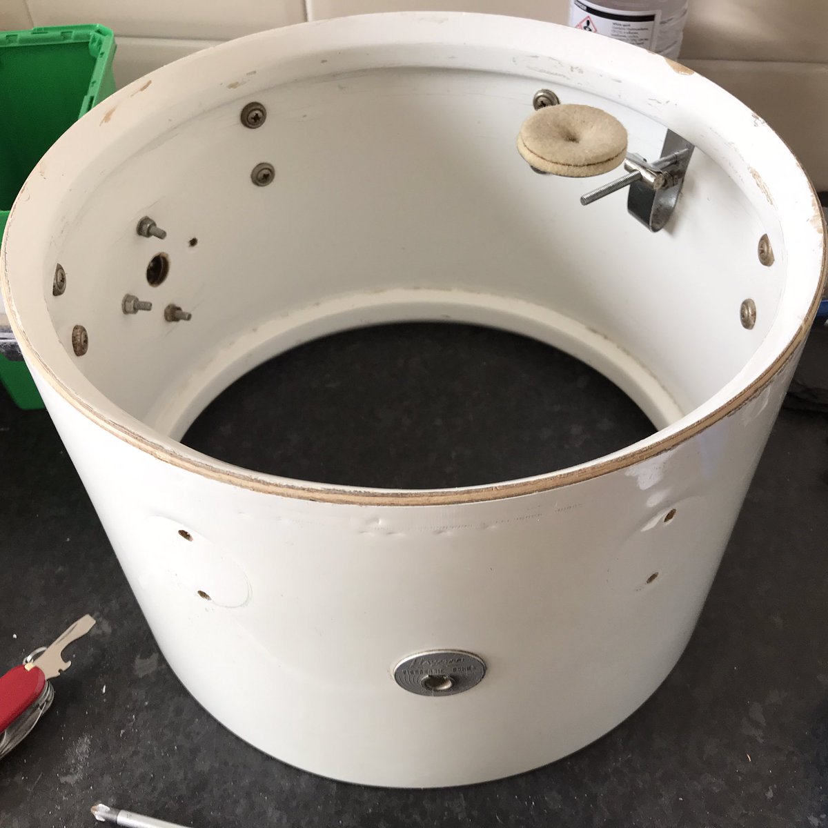 StuMartin_'s tweet photo. So it begins...1970’s White Hayman. (Lou Dias) Age 13 My first drum kit, I’ve owned this for 33 years...time for a lockdown restoration. https://t.co/4Bk9itBxgo