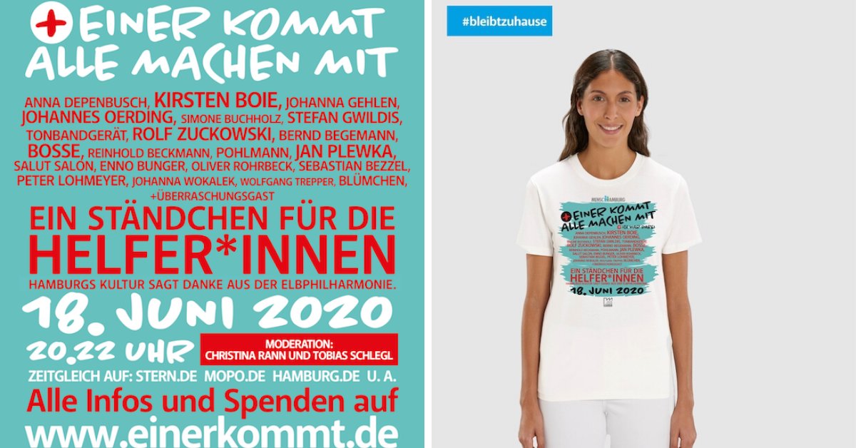 hamburg_de's tweet photo. Nach dem unglaublich erfolgreichen Nicht-Festival "Keiner kommt, alle machen mit"! #KKAMM kommt am 18. Juni das Soli-Festival "Einer kommt, alle machen mit" #EKAMM in der Elbphilharmonie - Die Spenden gehen an Azubis in Pflegeberufen. Alle Infos ➡  https://t.co/k0frNRg7lw https://t.co/oTMluDWnRb