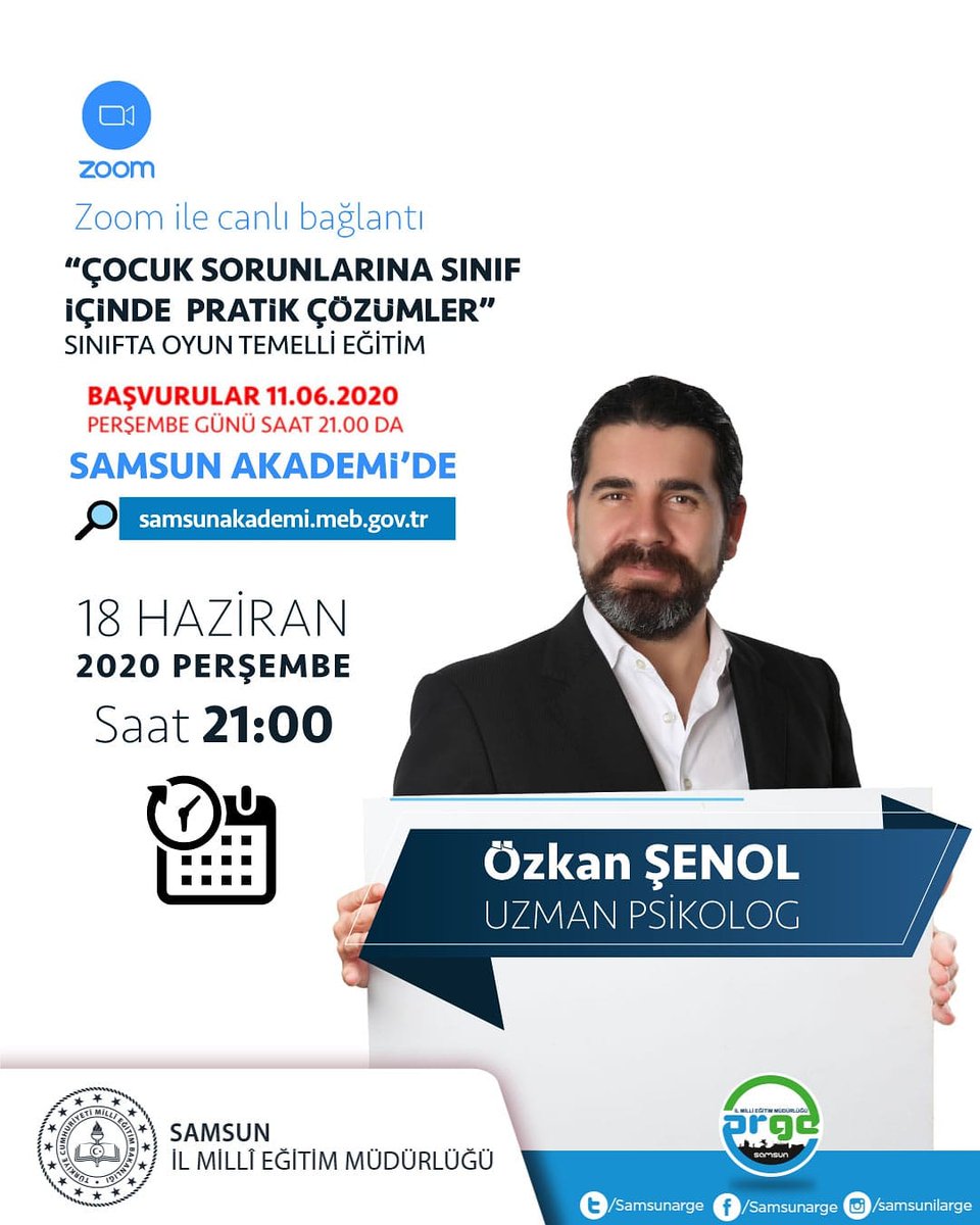 samsunmem's tweet photo. Samsun Akademi' de öğretmenlerimize yönelik eğitimler devam ediyor..Uzman Psikolog  Özkan Şenol "Çocuk Sorunlarına Sınıf İçinde Pratik Çözümler" konulu e-konferansıyla öğretmenlerimizle buluşuyor. 

🗓 18 Haziran 2020
⏰ 21:00

Başvurular için 👇
📍https://t.co/Uf1er8rMxF https://t.co/s67MLNwLso