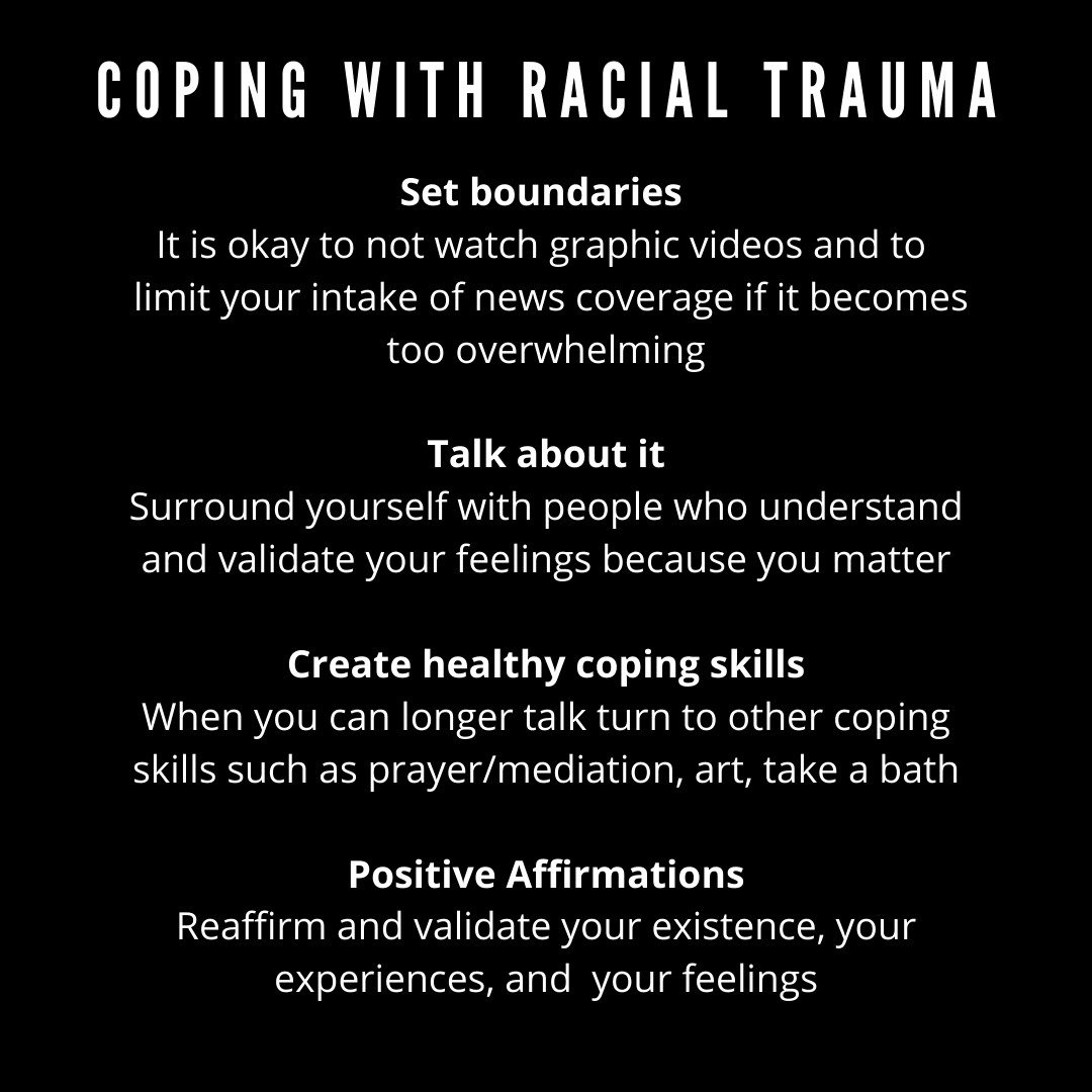 Racism has several psychological consequences such as depression, anxiety, PTSD, low self-image, and much more. Coping skills will not fix or heal racial trauma but it will allow you to recharge until racism is dismantled in this country. #blacklivesmatter <a href="/UNTDallas/">UNT Dallas</a>