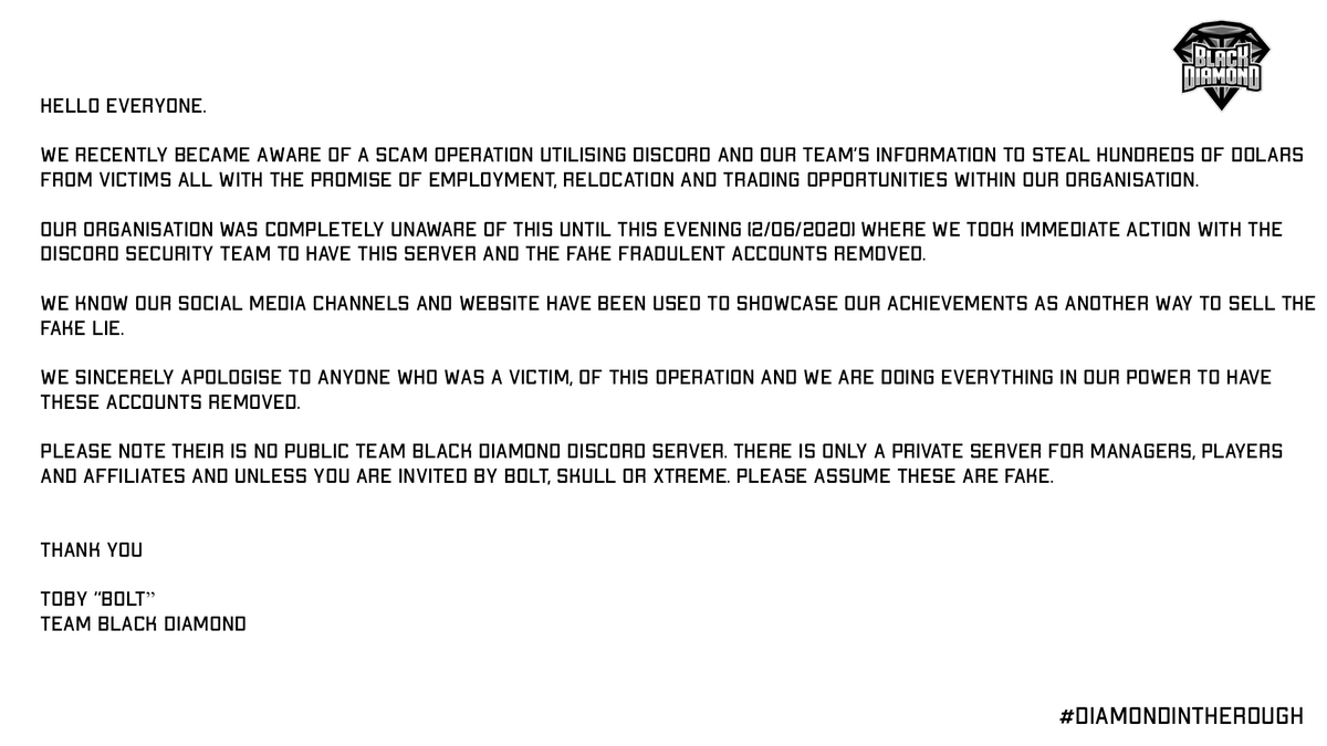 TBD_eSport's tweet photo. We have become aware of a Scam operation using Team Black Diamond's information. 

PLEASE READ https://t.co/YteMQaaCAJ