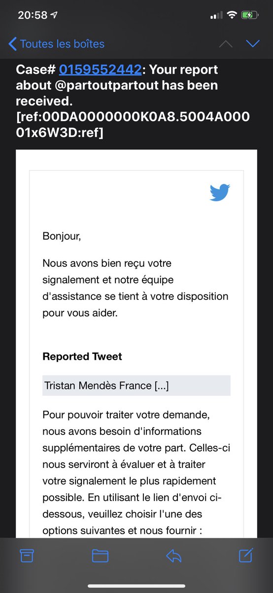 tristanmf's tweet photo. Un mois après la suspension du compte antisémite #partoutpartout, Twitter me demande des informations supplémentaires pour traiter mon signalement. Bravo. https://t.co/t3Mqsv7Xpw