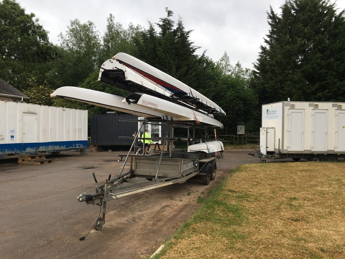 An 8 and 3 quads back from repair after damage in February floods.The boat house was so flooded they hit the rack above! Now we row 2 at a time, in singles with no club house. Ironically, the river is so low, we’d damage bigger boats on the #riverwye  #keepgoing #oneclub #goross