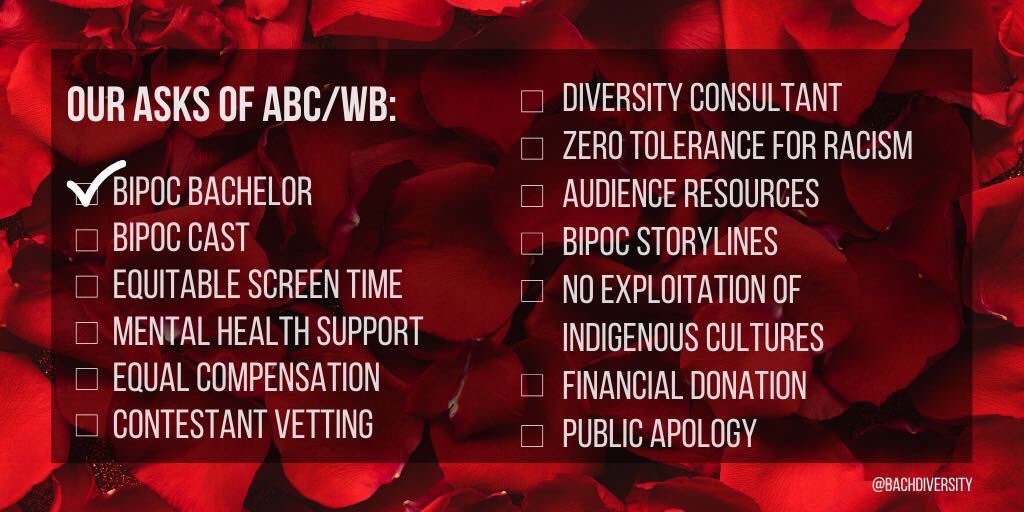 bachdiversity's tweet photo. One ask down, 12 to go. We must keep pushing for change.  

#BIPOCBachelor #JustTheFirstStep

https://t.co/kTxwYnSjHi https://t.co/WXuNDl6yo2
