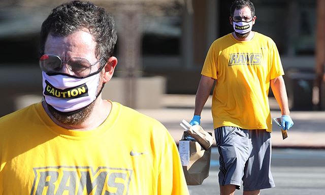 VCURamNation's tweet image. Adam Sandler repping the black &amp;amp; gold while grabbing some takeout in Malibu.